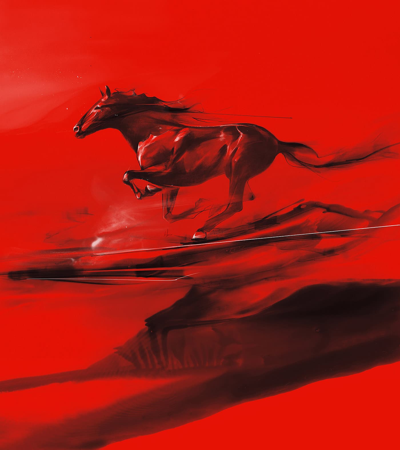 Running black horse illustration across a red field with dark motion textures.