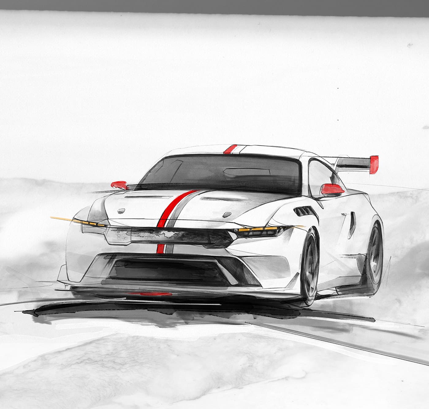 White Ford Mustang race car sketch