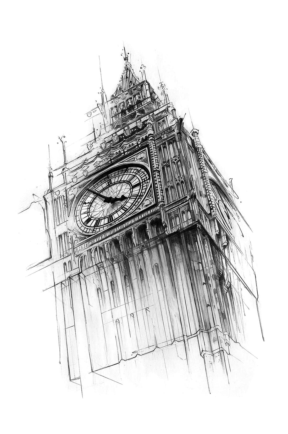Elizabeth Tower graphite drawing for Derwent Precision packaging