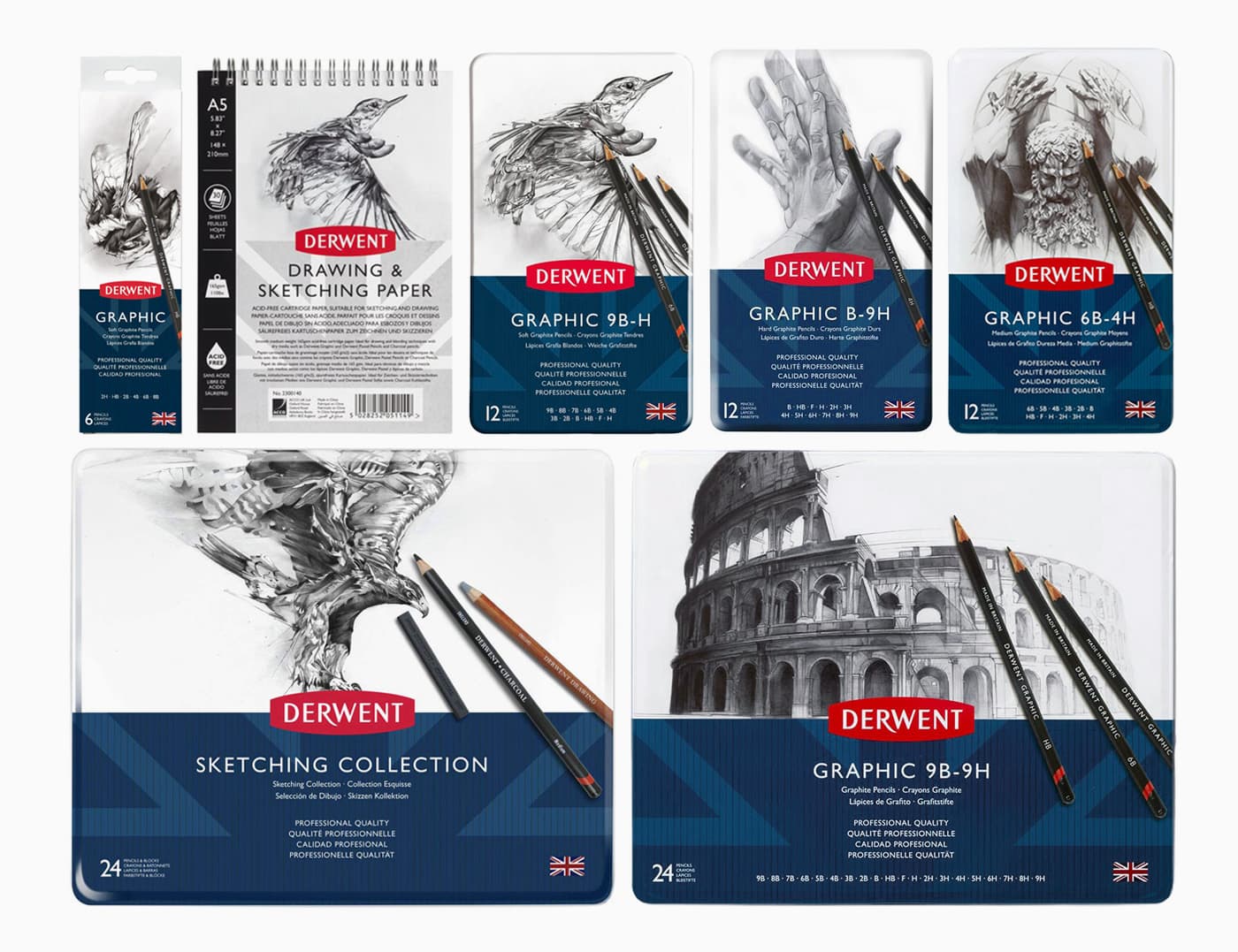 Derwent pencil tins showing graphite packaging illustrations across the full Graphic and Sketching range.