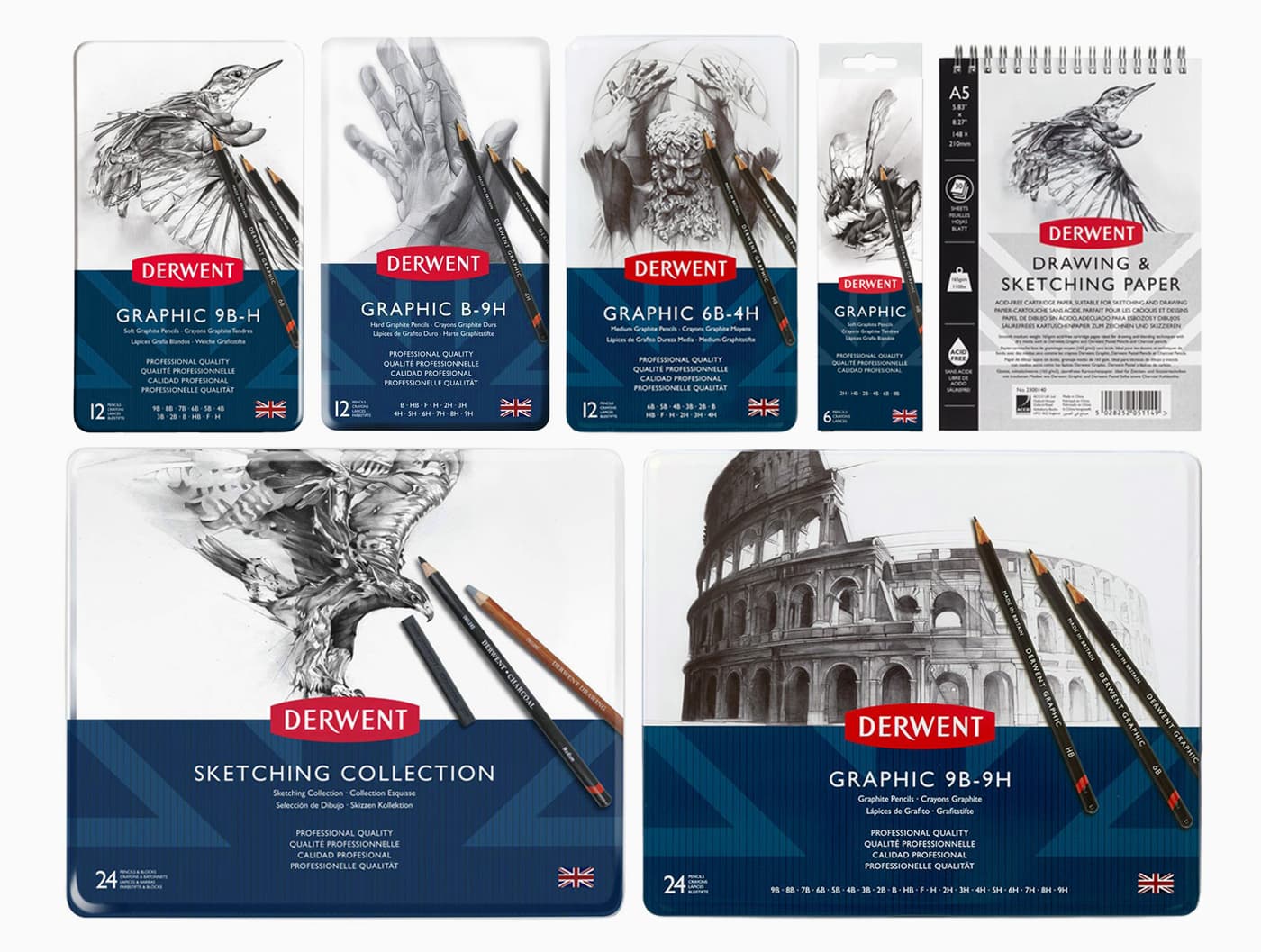 Derwent pencil tins showing graphite packaging illustrations across the full Graphic and Sketching range.
