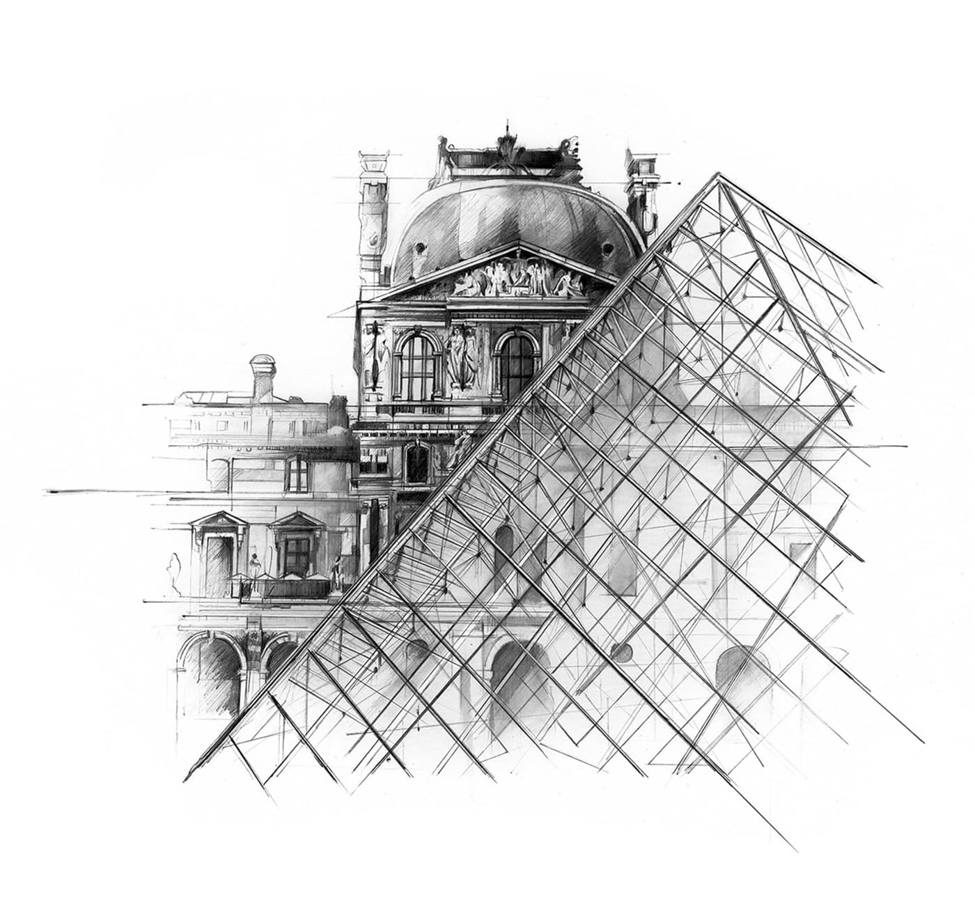 Louvre Museum and glass pyramid graphite drawing