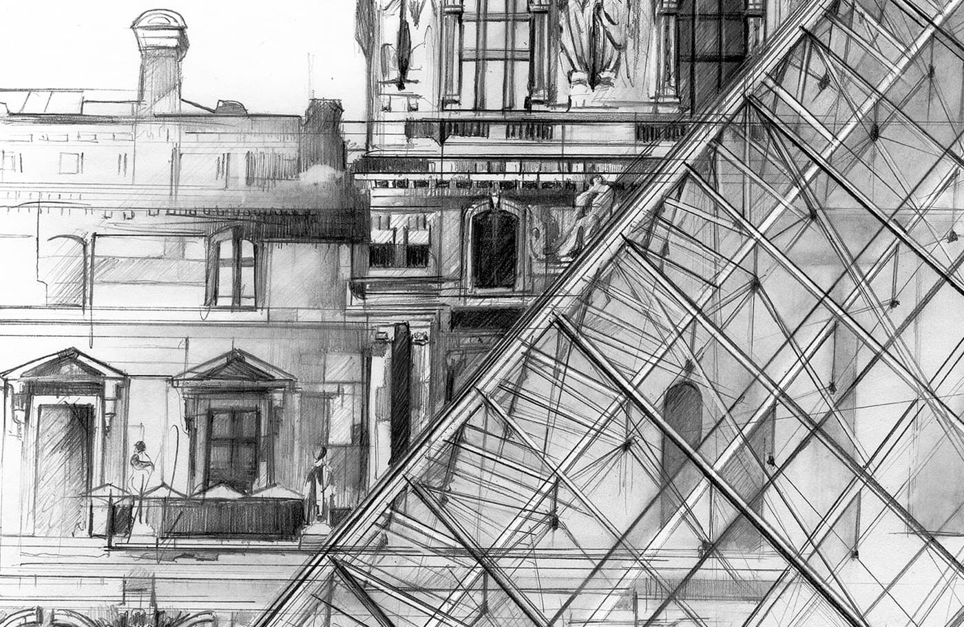 Close-up of Louvre Museum graphite drawing