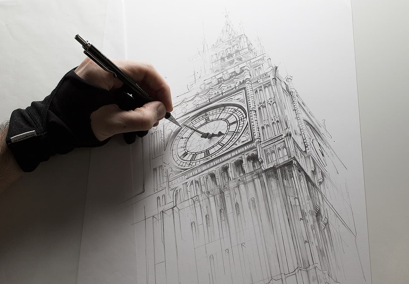 Elizabeth Tower drawing in progress with Derwent Precision pencil