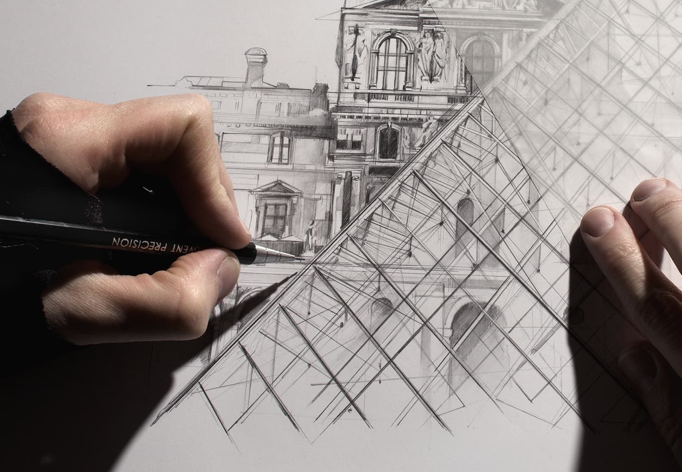 Louvre drawing in progress with Derwent Precision pencil