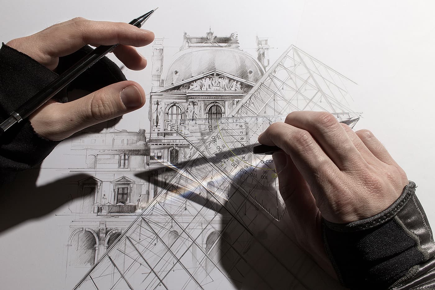 Louvre drawing with ruler and Derwent Precision pencil
