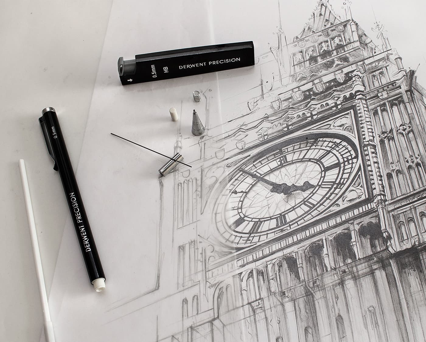 Derwent Precision pencil components over architectural drawing