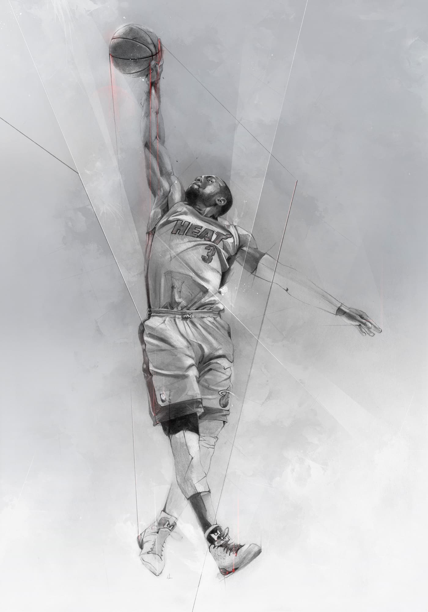 Dwyane Wade in a Miami Heat uniform, leaping toward the basket with one arm extended overhead holding a basketball, in a monochromatic illustration with abstract textures and fine geometric lines.