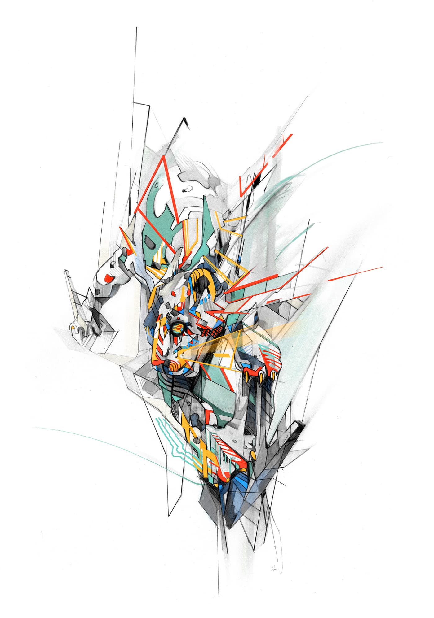 Leopard on a tree transformed with angular graphite forms and red, yellow, blue and teal details.