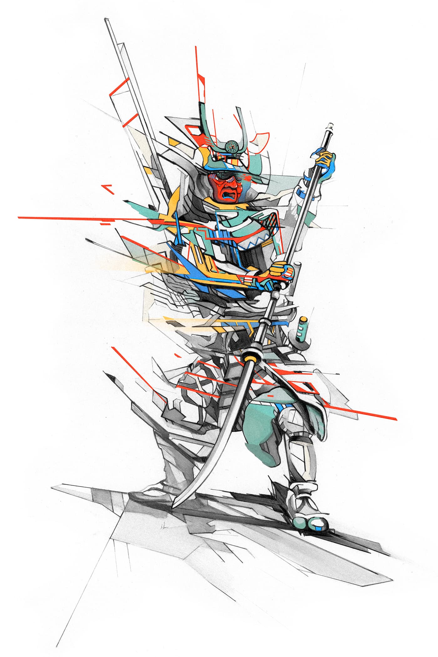 Samurai in traditional uniform holding a sword, transformed with angular graphite forms and red, yellow, blue and teal details.