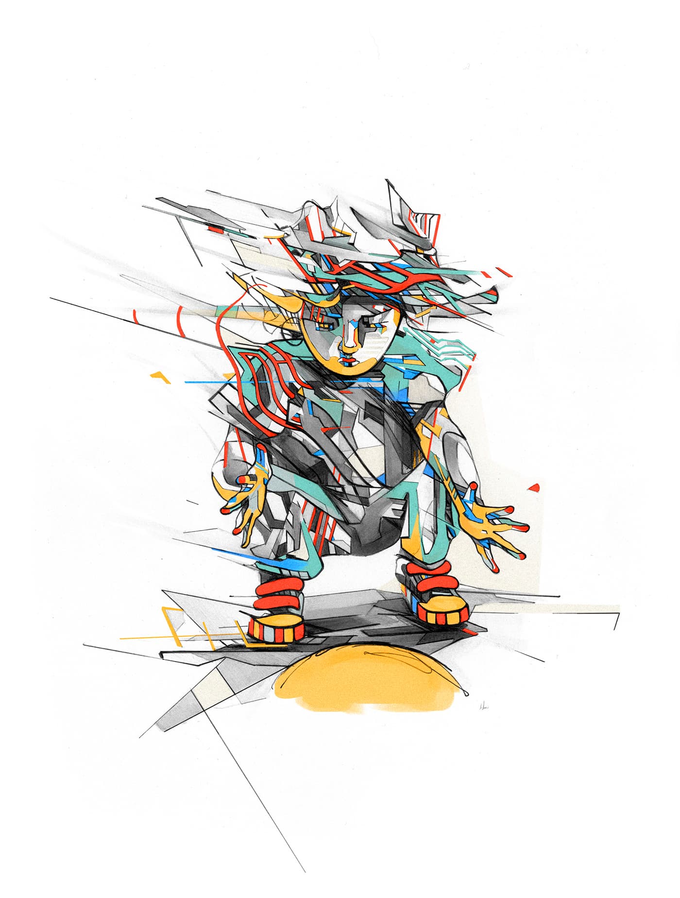 Young child reaching toward a yellow orb, surrounded by angular patterned clothing and graphite forms.