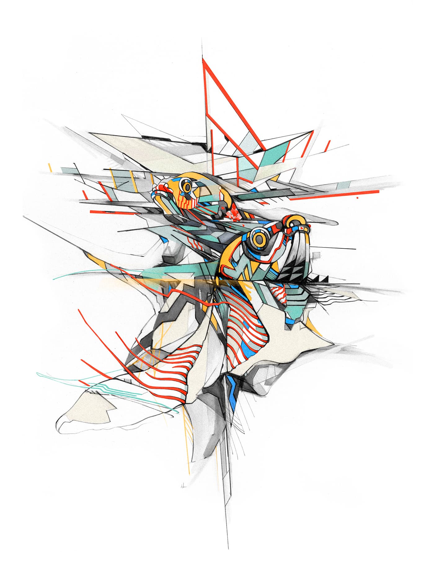Koi fish transformed with angular graphite forms, patterned fins and red, yellow, blue and teal details.