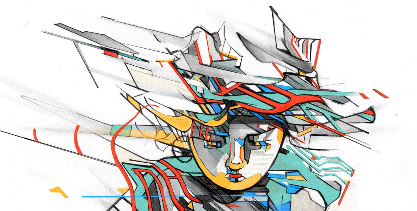 Close-up of a young child transformed with angular graphite forms and red, yellow, blue and teal details.