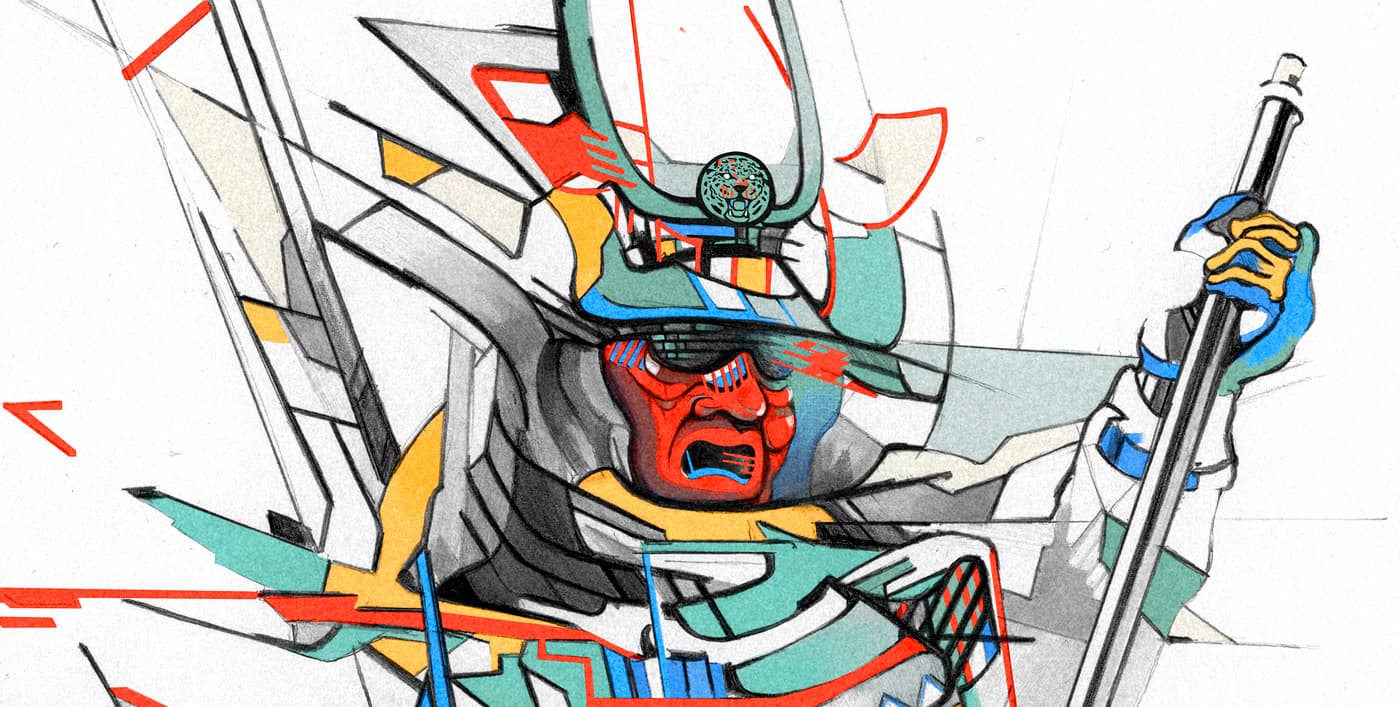 Close-up of a samurai in traditional uniform with angular graphite forms and red, yellow, blue and teal details.