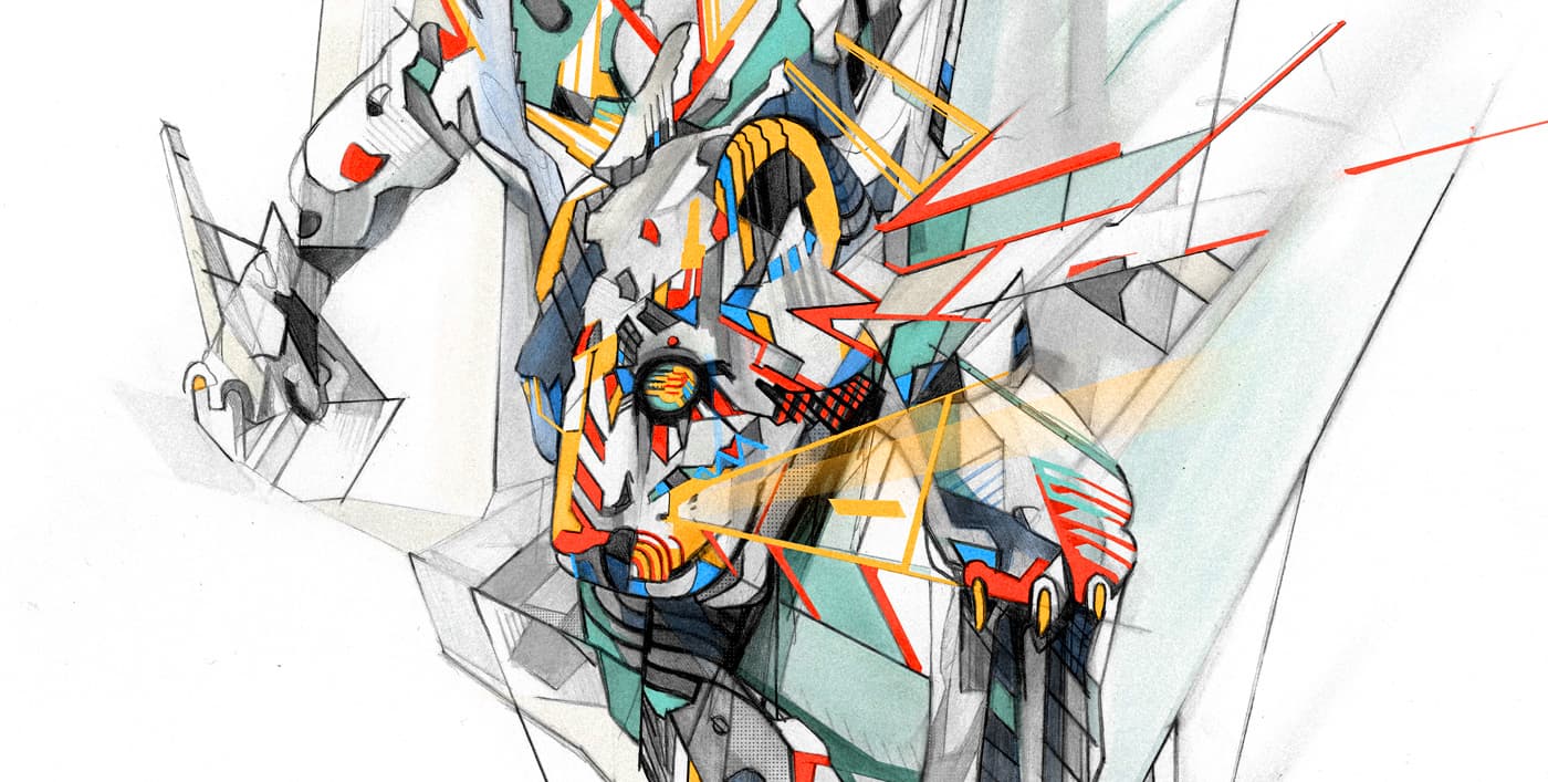Close-up of a transformed leopard on a tree with angular graphite forms and red, yellow, blue and teal details.