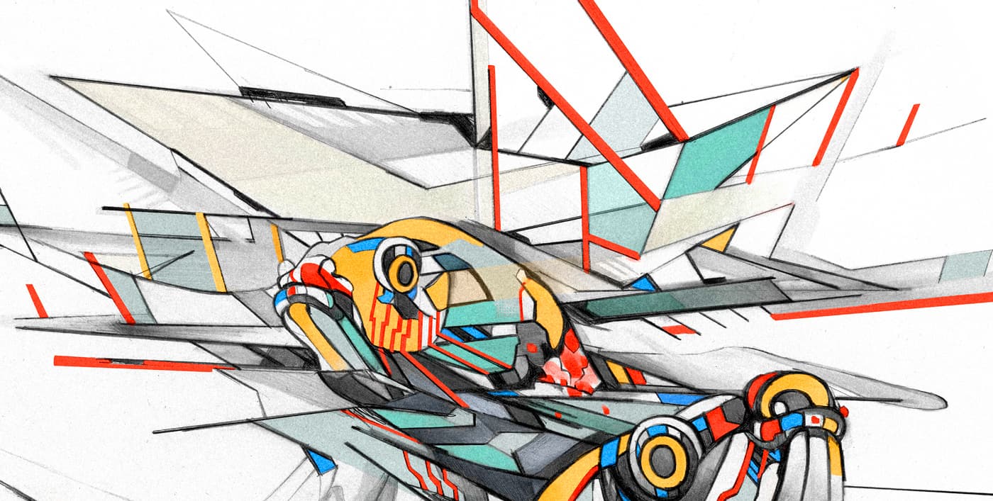 Close-up of transformed koi fish with angular graphite forms, patterned fins and red, yellow, blue and teal details.