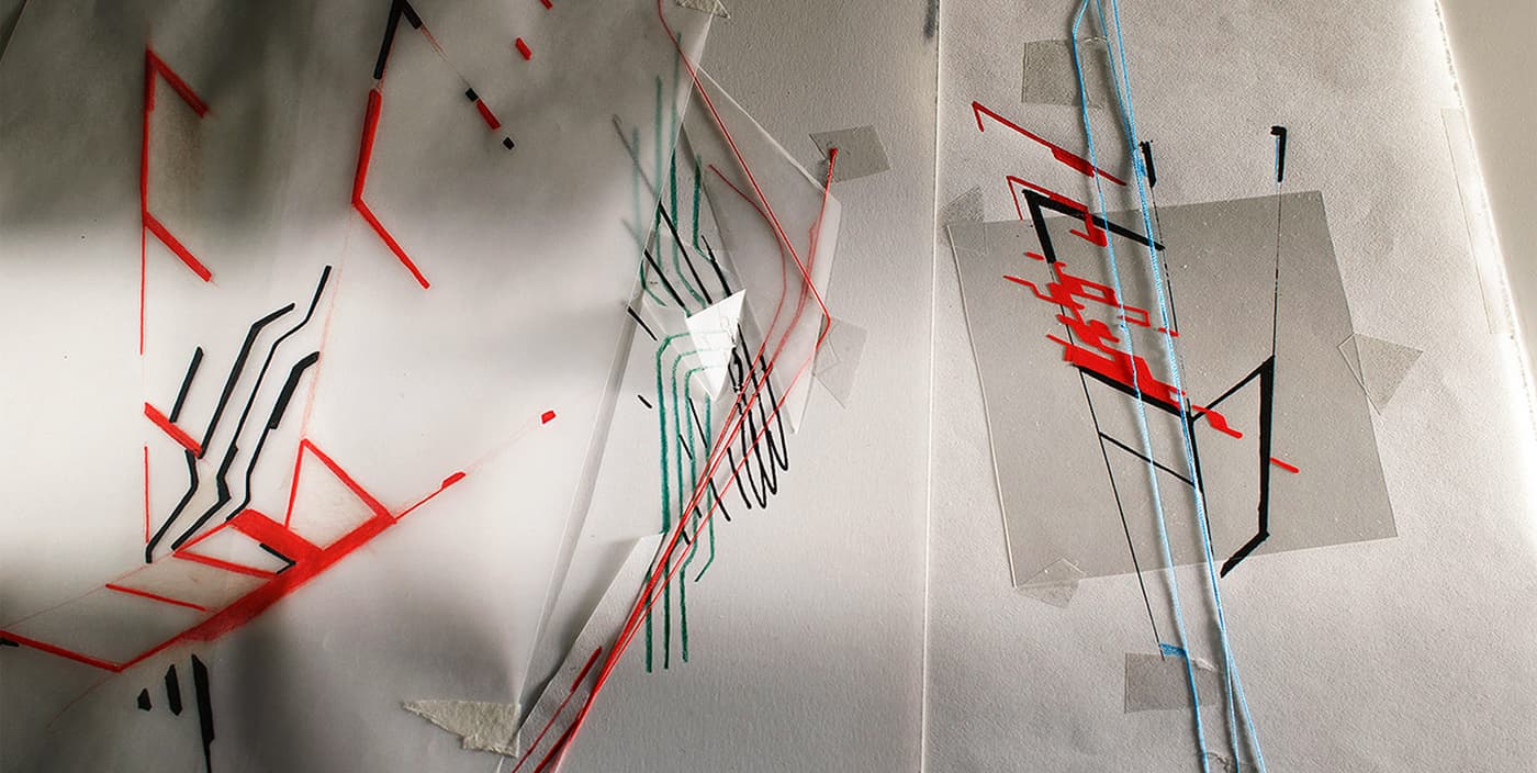 Thread and line studies on translucent paper, exploring geometric movement for the Estranged series.