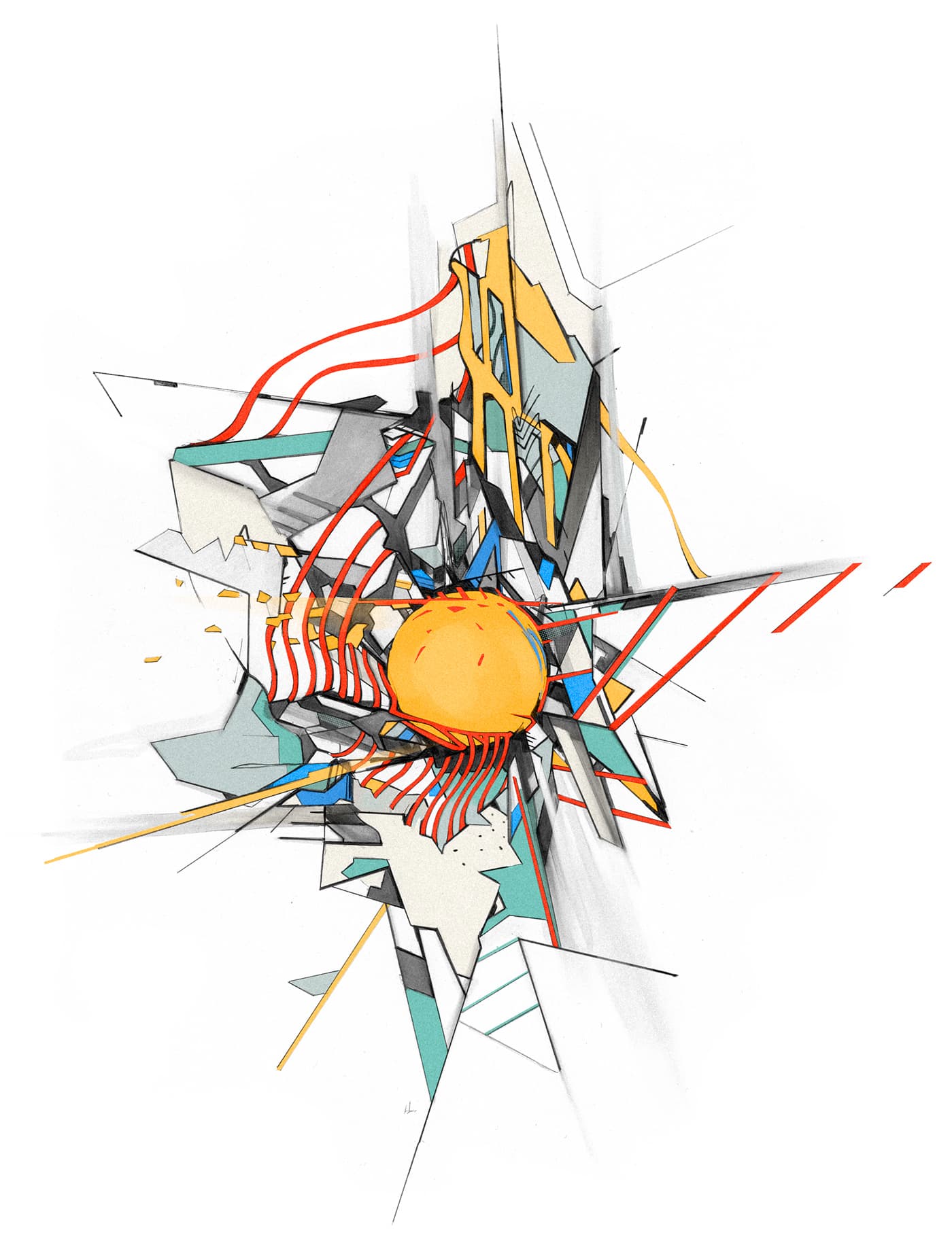 Yellow orb surrounded by angular graphite forms, thread-like red lines and geometric color details.