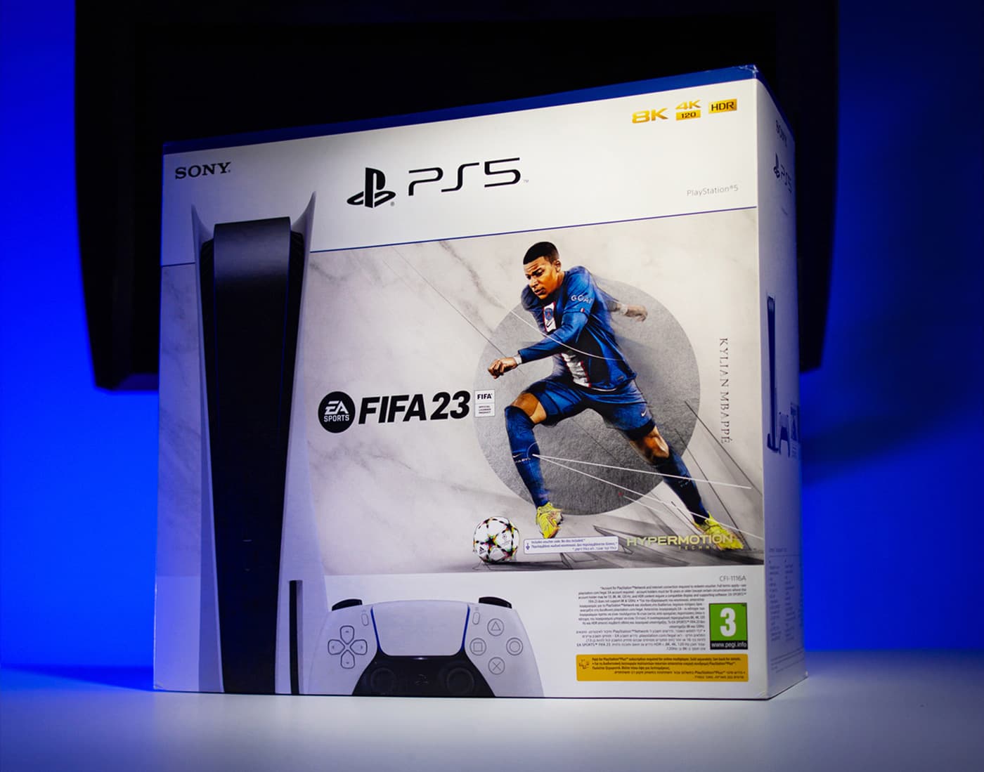 Sony PlayStation 5 FIFA 23 console bundle packaging featuring the EA Sports cover illustration.
