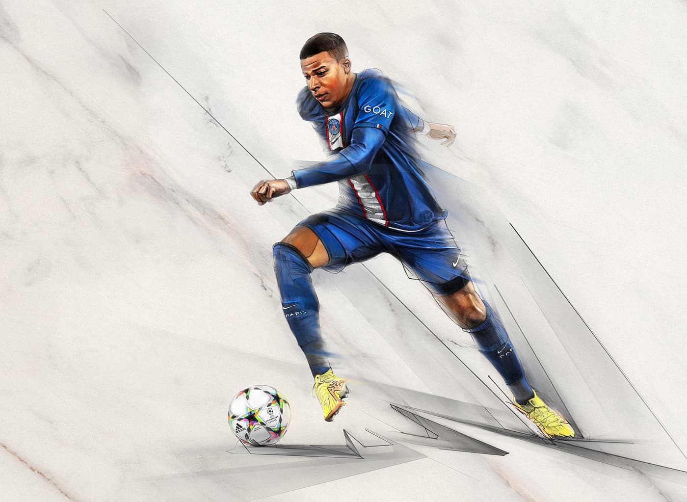  Kylian Mbappé dribbling beside EA Sports FIFA 23 logo