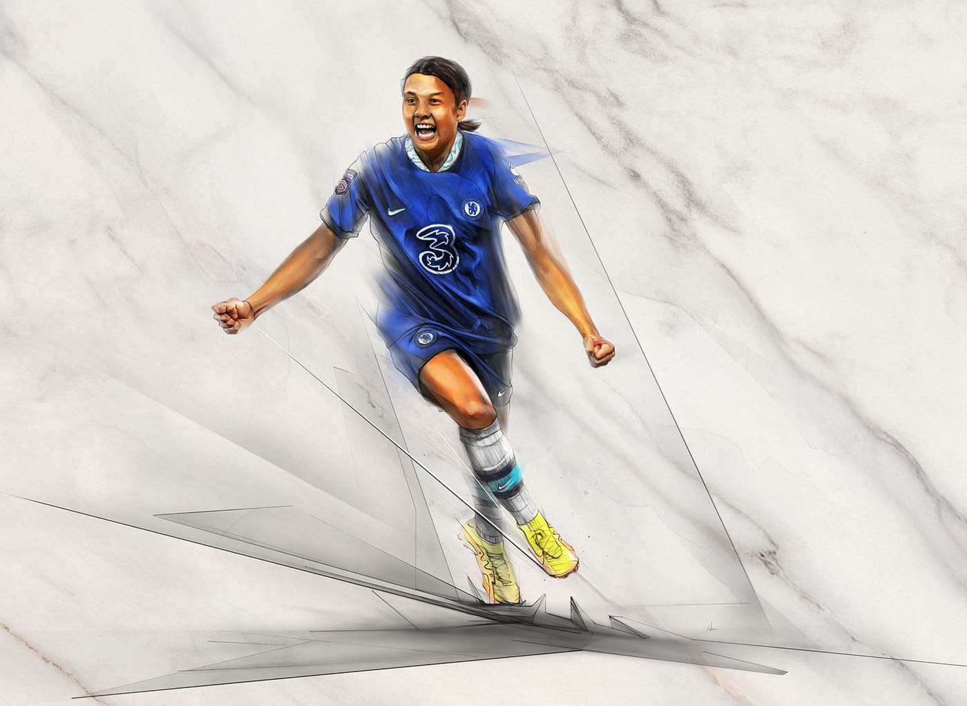 Sam Kerr celebrating beside EA Sports FIFA 23 logo
