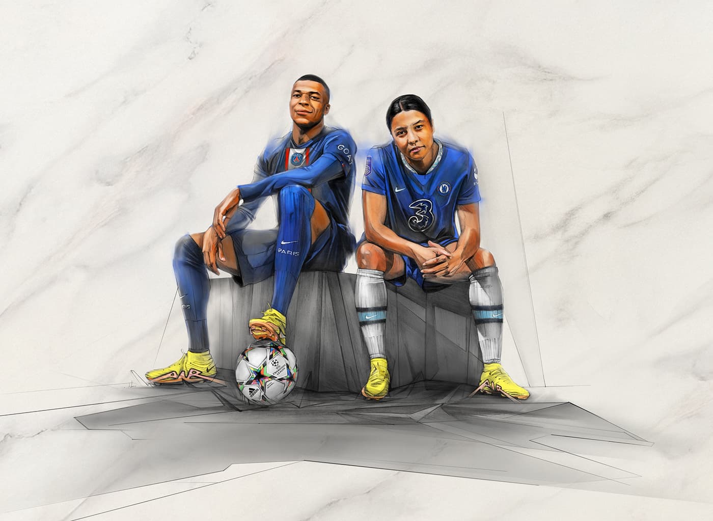 Kylian Mbappé and Sam Kerr seated beside EA Sports FIFA 23 logo