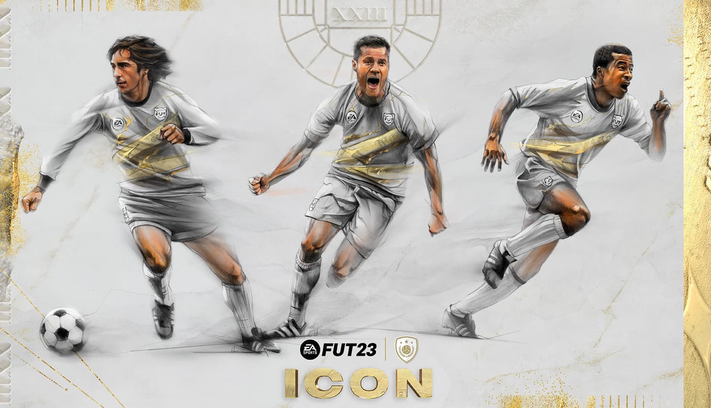 EA SPORTS FUT 23 ICON artwork featuring Jairzinho, Xabi Alonso and Gerd Müller in three football action poses on a white and gold background.