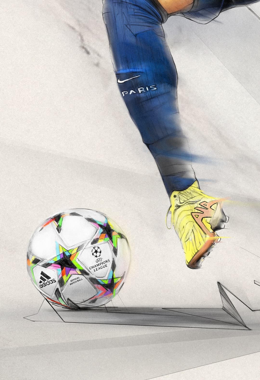Close-up illustration of a footballer’s lower leg and yellow boot beside a UEFA Champions League ball.