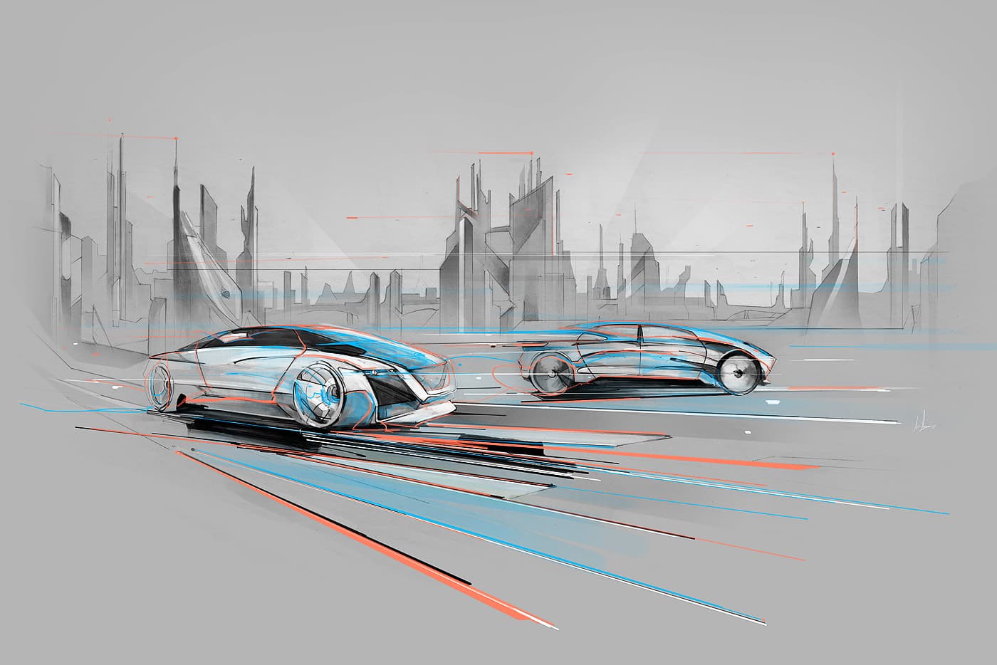 Connected vehicles driving through a cityscape