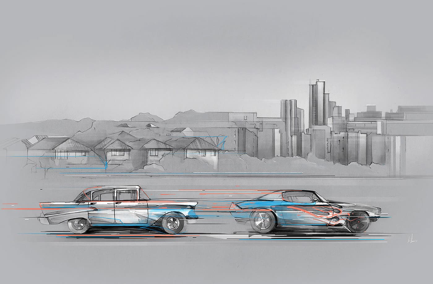 Two connected cars between suburban and urban scenes