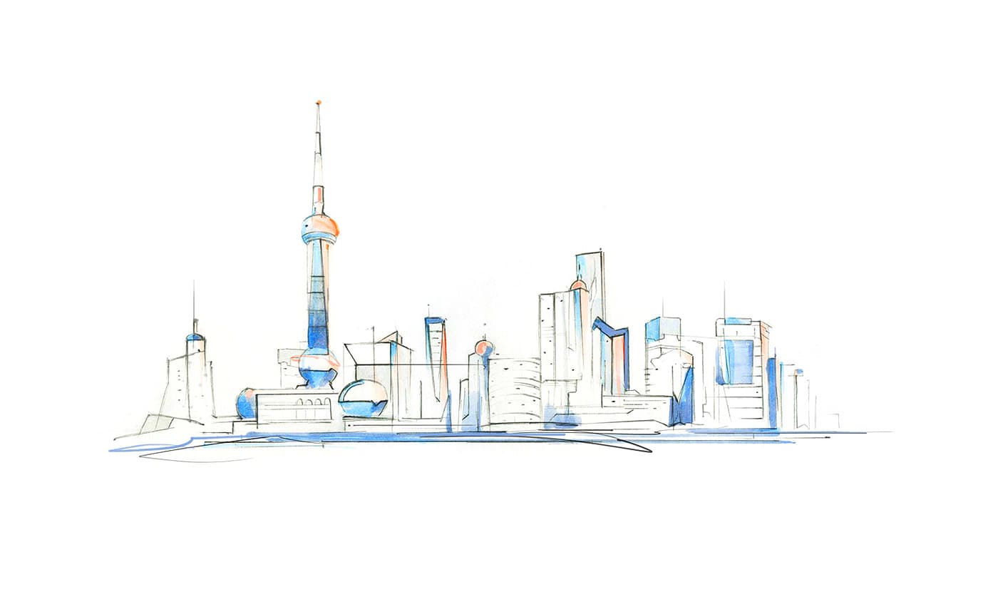 Minimal futuristic city skyline sketch for Flex
