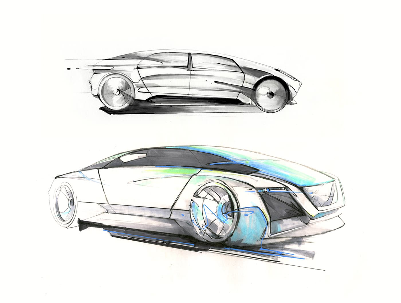 Futuristic vehicle design sketches for Flex