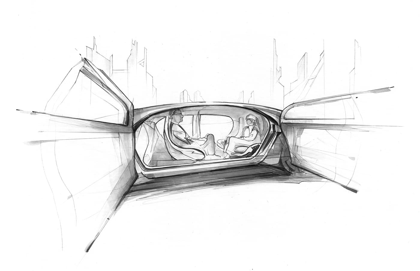 Futuristic vehicle interior concept sketch for Flex