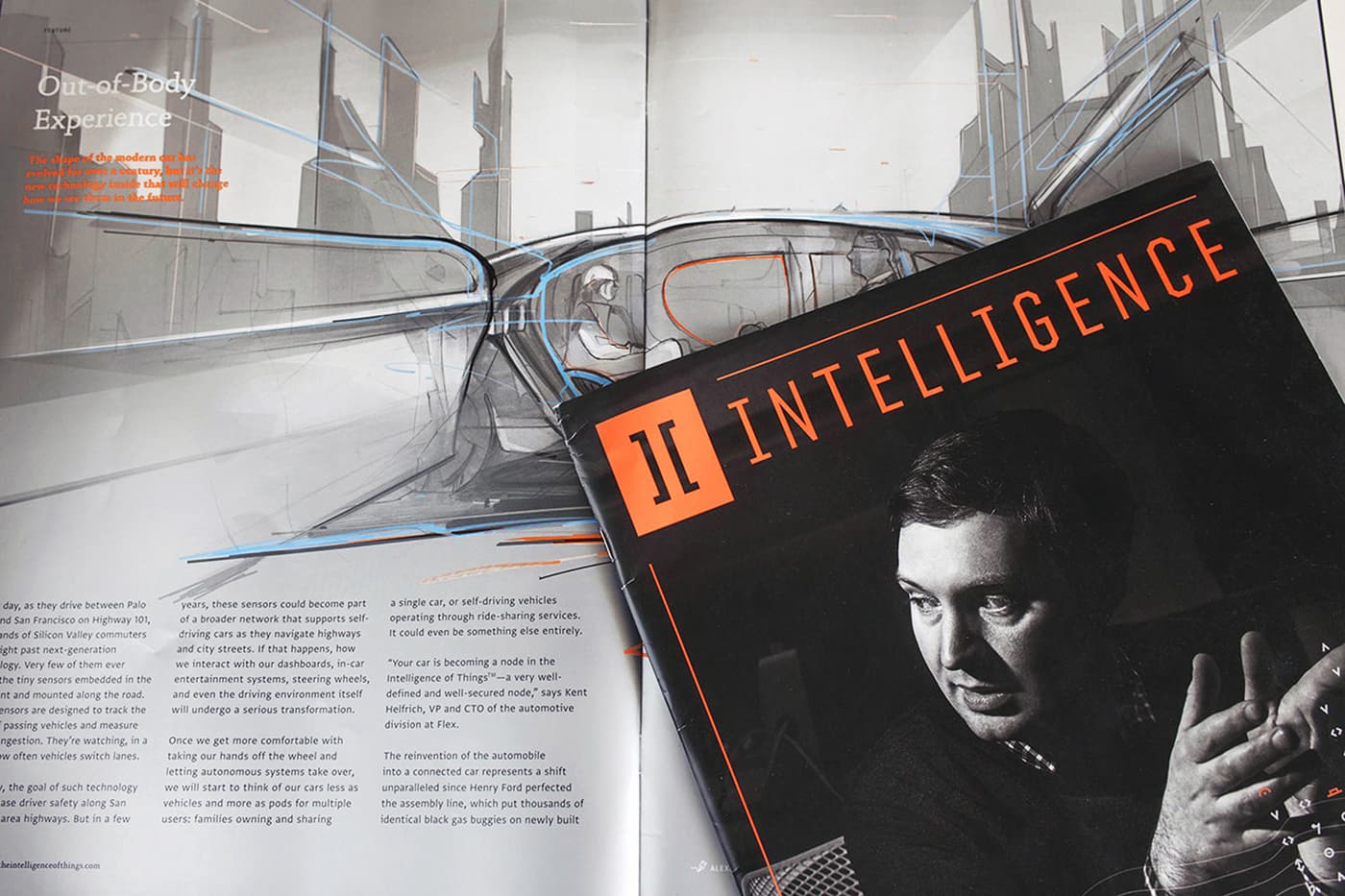 Printed Intelligence magazine spread with Flex vehicle artwork