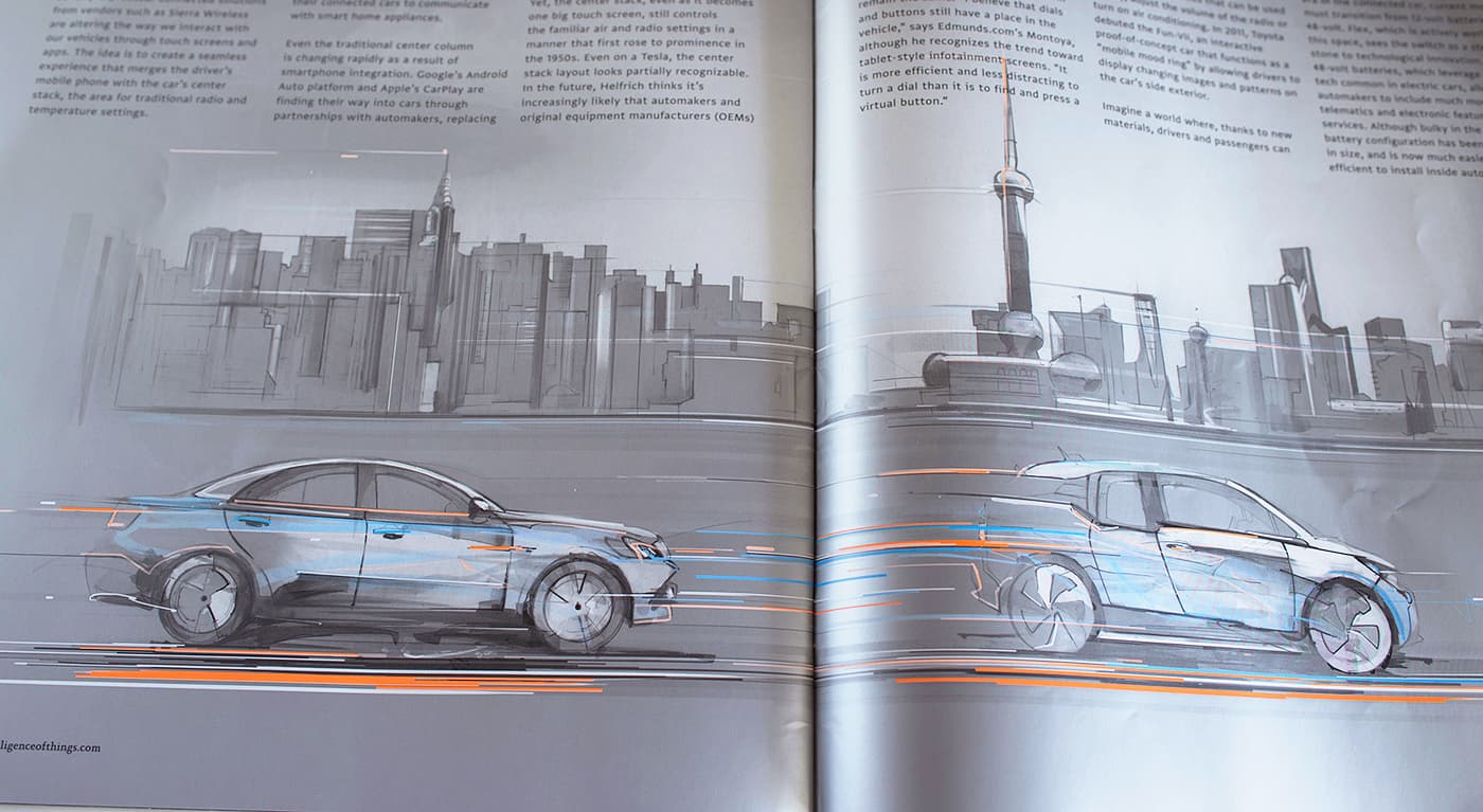 Printed Flex spread with cars in a modern city