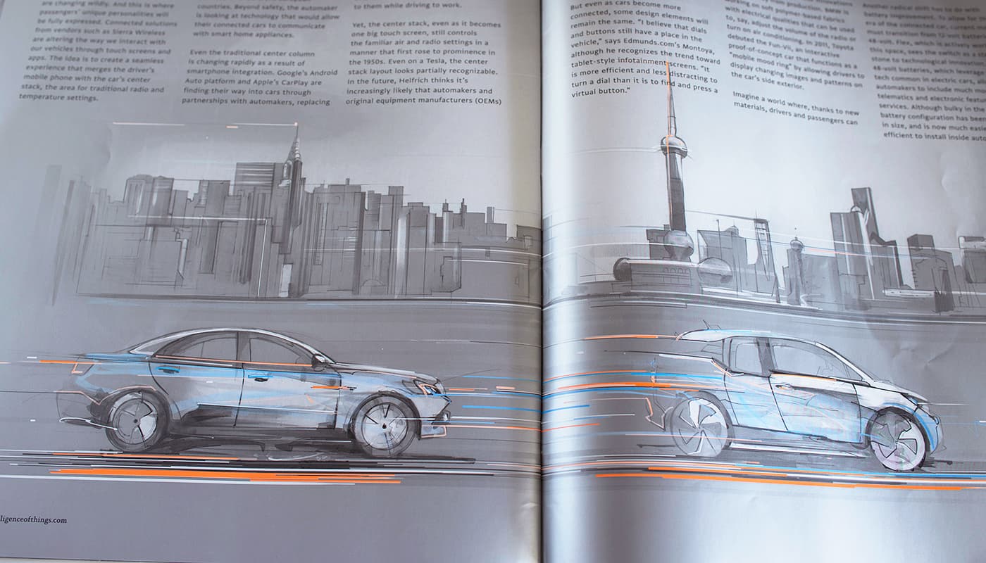 Printed Flex spread with cars in a modern city