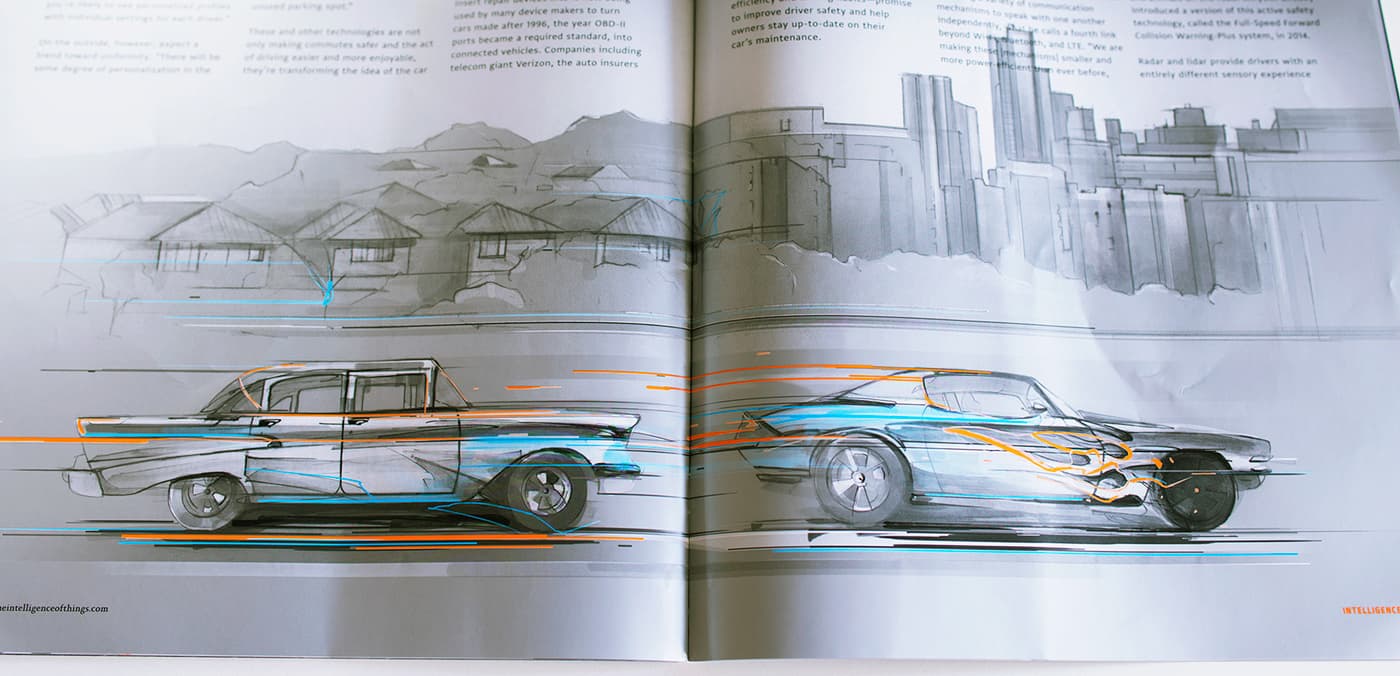 Printed Flex spread with connected classic cars
