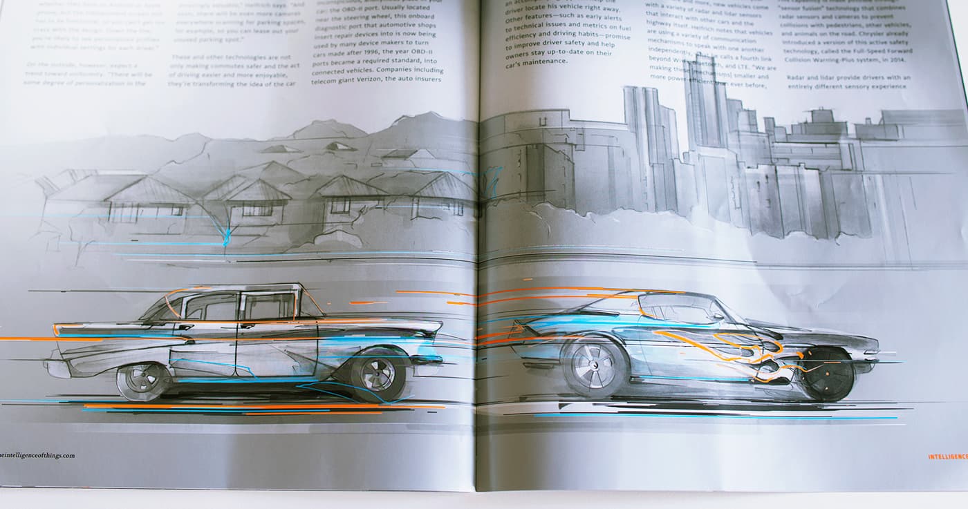 Printed Flex spread with connected classic cars