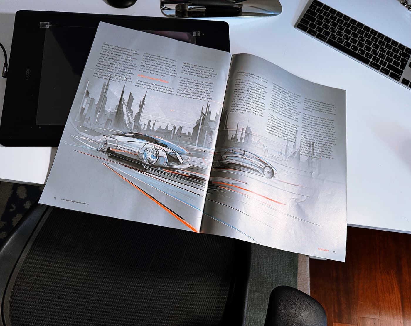 Printed Flex magazine spread on a studio desk