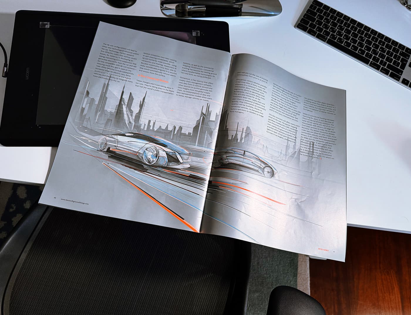 Printed Flex magazine spread on a studio desk