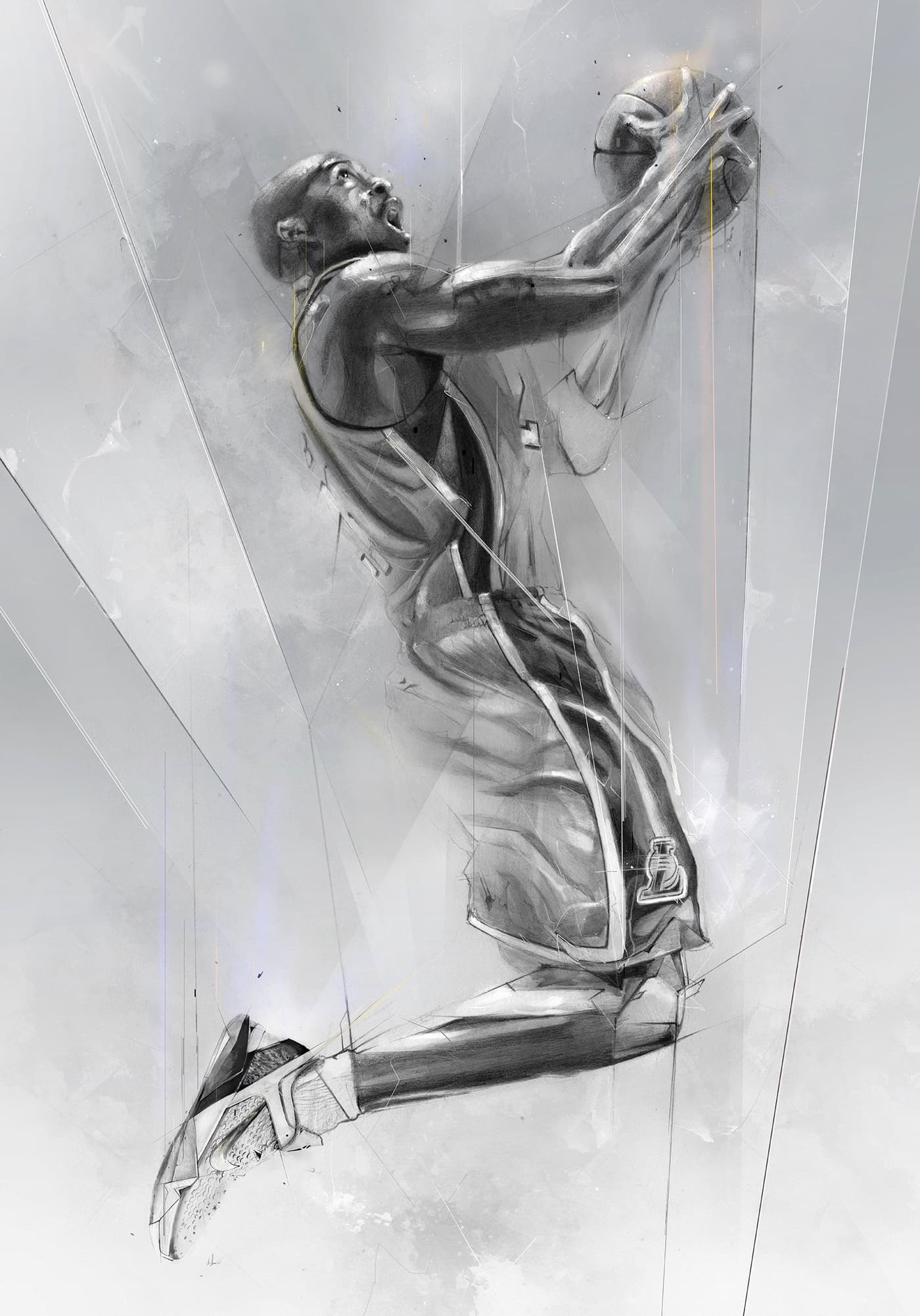 Kobe Bryant in a Los Angeles Lakers uniform, leaping toward the basket with the basketball held overhead, in a monochromatic illustration with abstract textures and fine geometric lines.