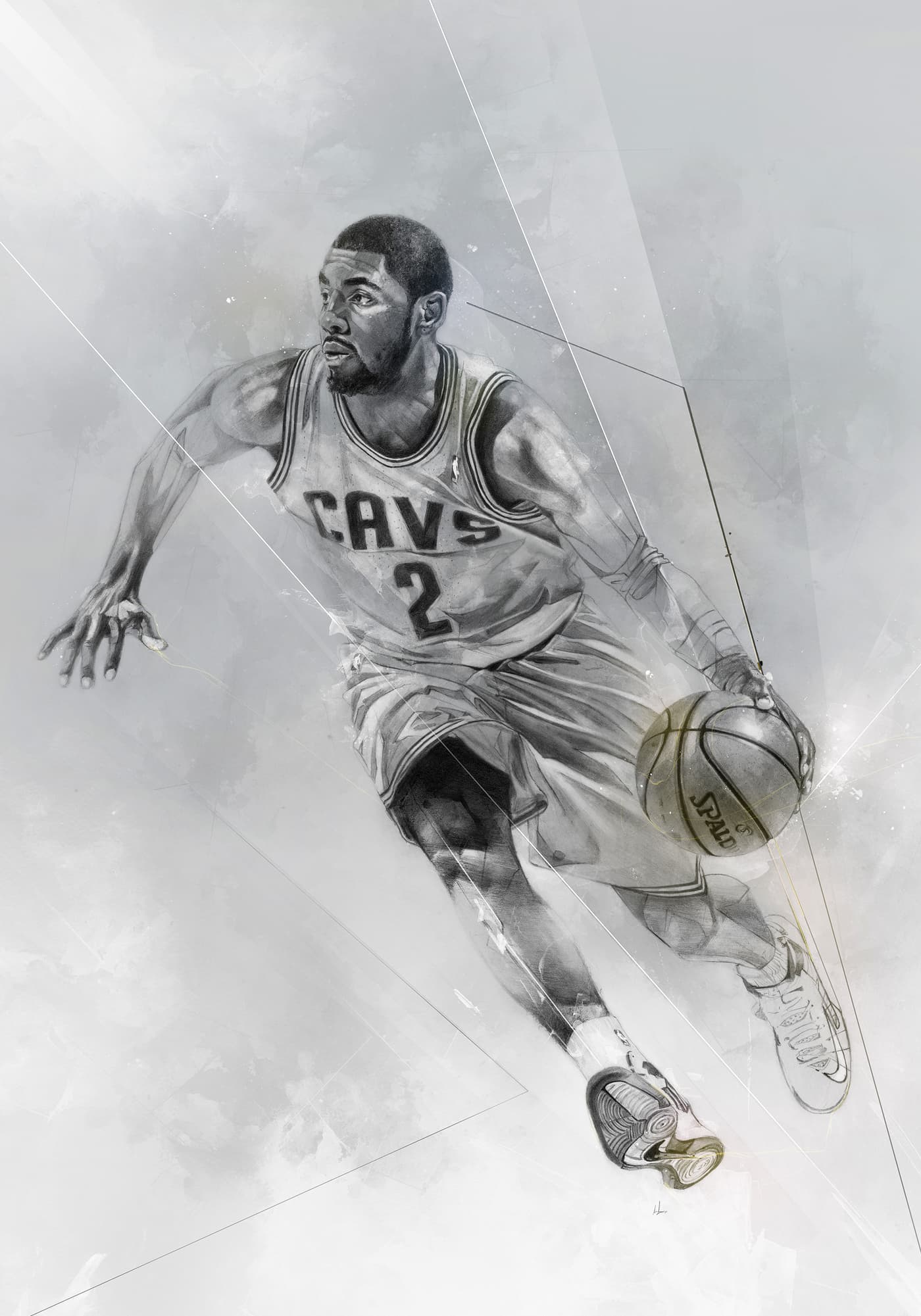 Kyrie Irving in a Cleveland Cavaliers uniform, dribbling a basketball while moving forward, in a monochromatic illustration with abstract textures and fine geometric lines.