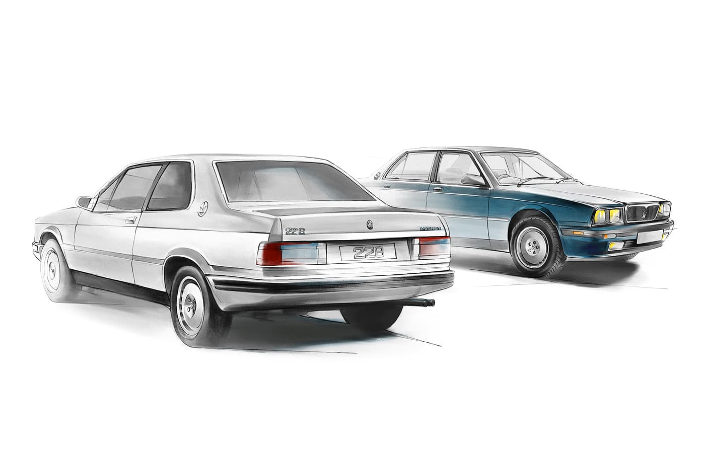 Two Maserati 228 coupes shown from rear and front angles.