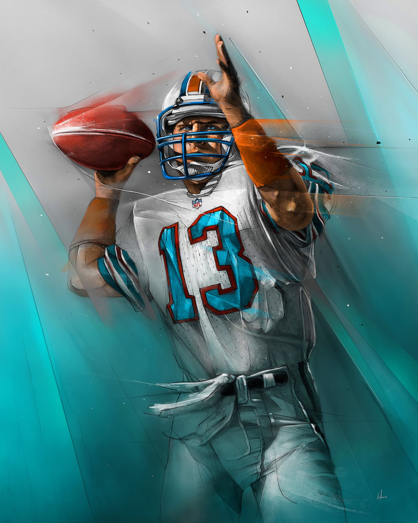 NFL mural artwork with quarterback releasing a pass