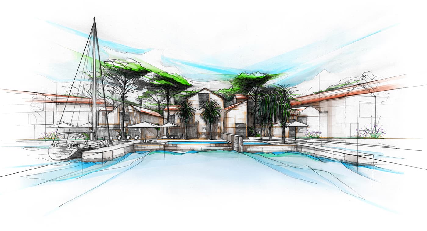 Marina villa architectural sketch with waterfront pool