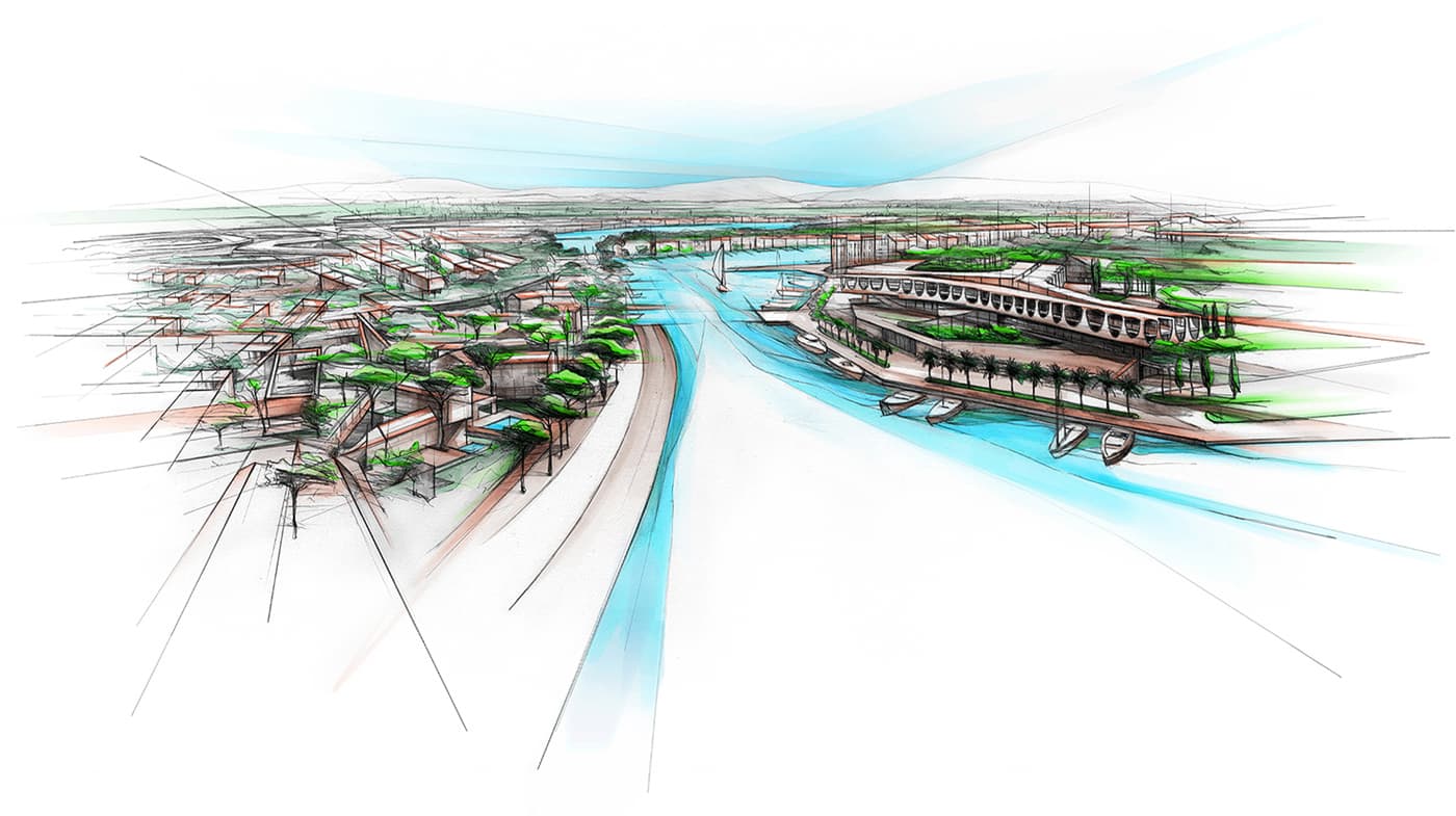 Port and marina villas architectural sketch