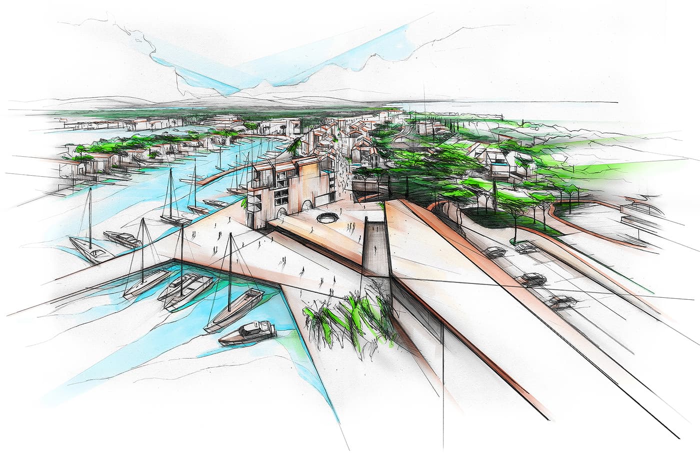 Port architectural sketch with marina and waterfront road