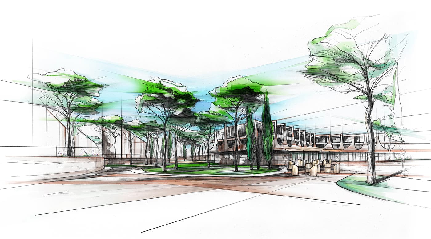 City hotel casino architectural sketch with trees and courtyard