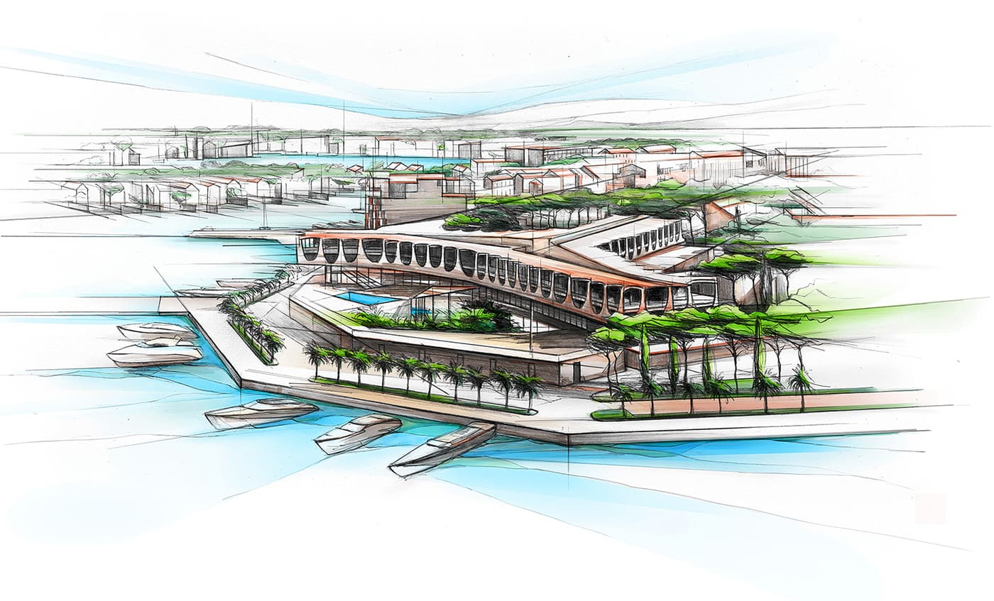 Hotel casino waterfront architectural sketch with marina