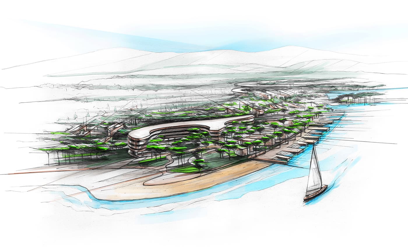 Luxury hotel architectural sketch with marina and sailboat